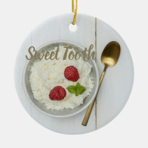 Rice pudding with raspberries dessert sweet tooth  ceramic tree decoration