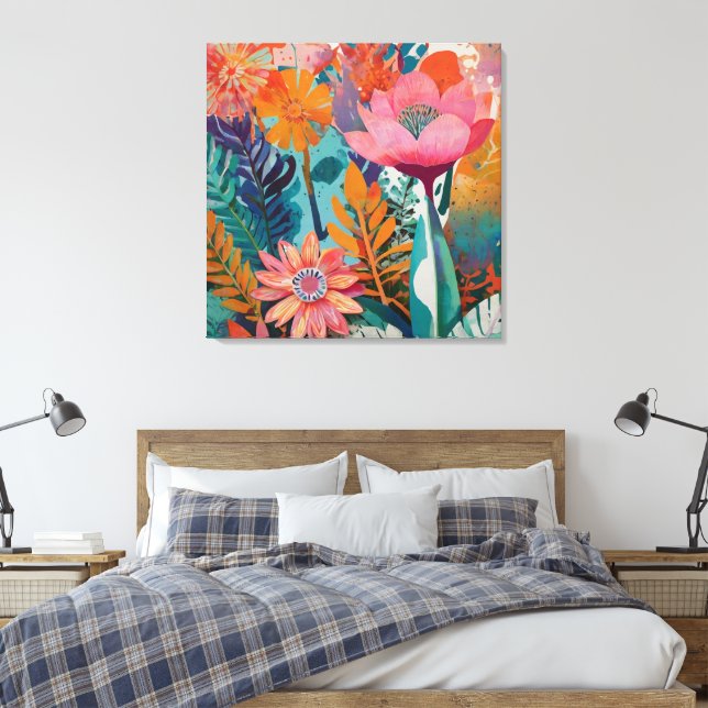 Rich and Vibrant Floral Acrylic Bold Botanical  Canvas Print (Insitu(Bedroom))