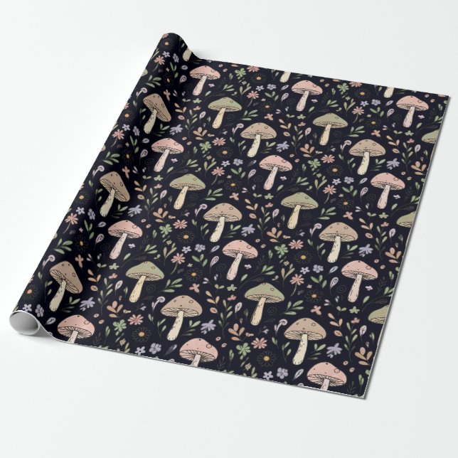 Rich Black Dark Academia Fungi Seamless Pattern Wrapping Paper (Unrolled)