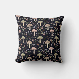 Rich Black Fungi Pattern Gothic Dark Academia Cushion