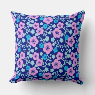 Rich blue and pink floral pattern Japanese Plum Cushion