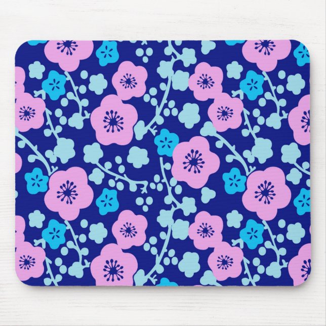 Rich blue and pink floral pattern Japanese Plum Mouse Pad (Front)