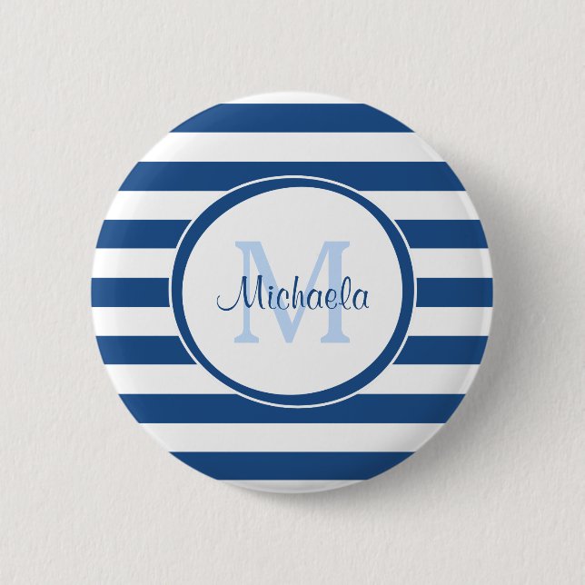 Rich Blue Even Stripes Sleek Name and Monogram 6 Cm Round Badge (Front)