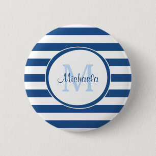 Rich Blue Even Stripes Sleek Name and Monogram 6 Cm Round Badge