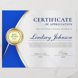 Rich Blue & Gold Certificate of Appreciation Flyer