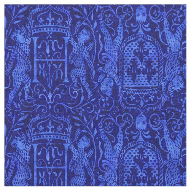 Rich Blue Mediaeval Tapestry with Cherubs Fabric (Close Up)