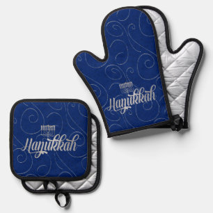 Rich Blue with Silver Coloured Swirls Hanukkah Oven Mitt & Pot Holder Set