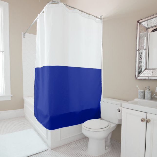 Rich Bold Seamless Royal Blue White Colour Block Shower Curtain (In Situ)