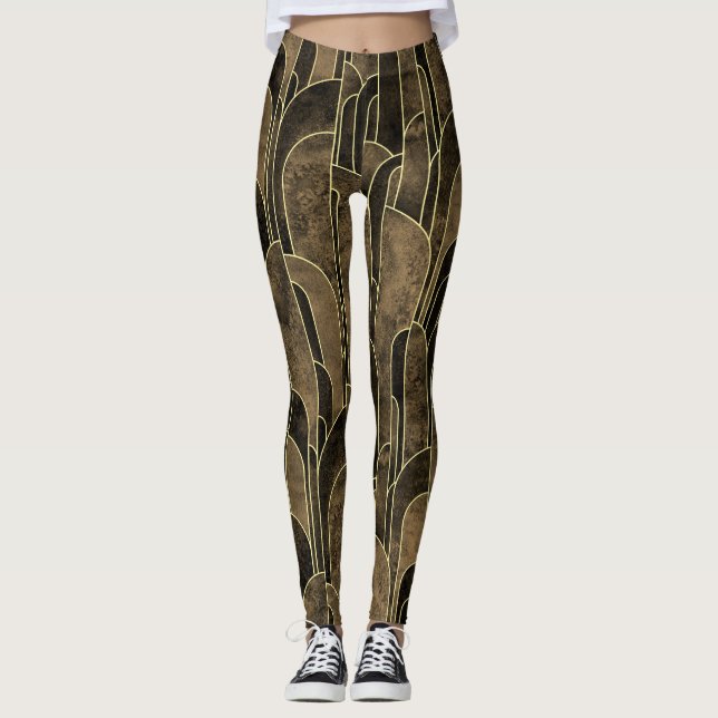Rich Brown and Gold Art Deco Pattern Leggings (Front)