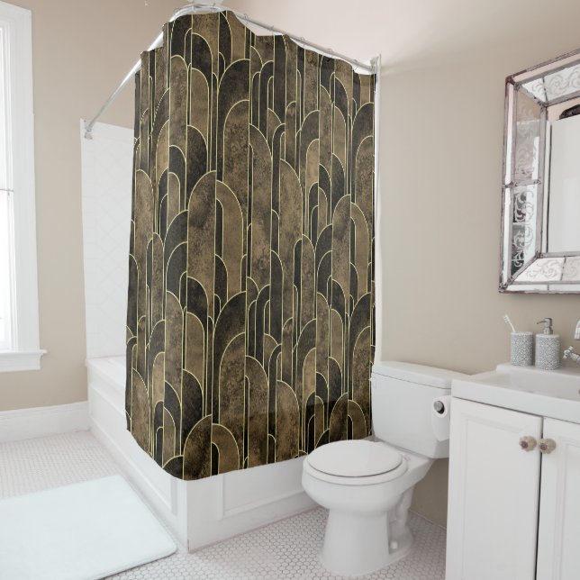 Rich Brown and Gold Art Deco Pattern Shower Curtain (In Situ)