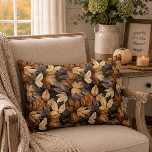 Rich Brown Beige Autumn Leaves Rustic Farmhouse Decorative Cushion