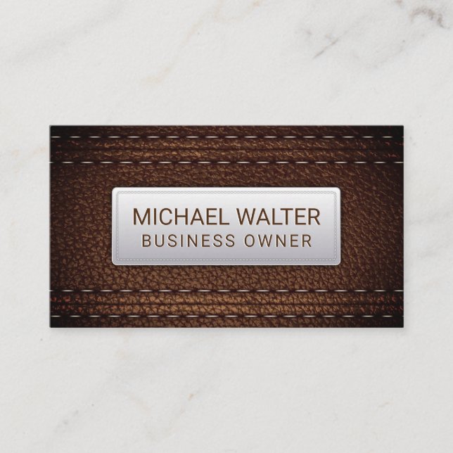 Rich Brown Leather Stitched Business Card (Front)