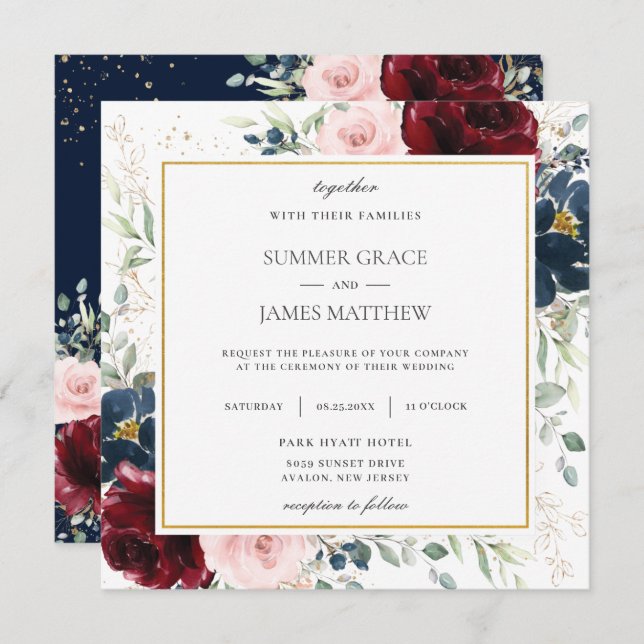 Rich Burgundy Blush Blue Floral Wedding Square   Invitation (Front/Back)