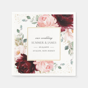 Rich Burgundy Blush Pink Floral Wedding Square Napkin