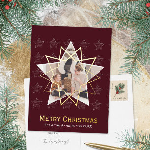 Rich Burgundy Geometric Star Modern Christmas Foil Holiday Postcard