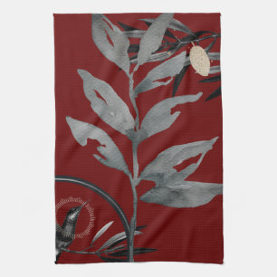 Rich Burgundy & Gray Artistic Watercolor Leaves Tea Towel
