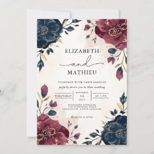 Rich Burgundy Navy Botanical Floral Border Wedding Invitation