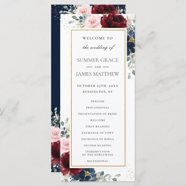 Rich Burgundy Red Blush Blue Roses Floral Wedding  Programme (Front/Back)