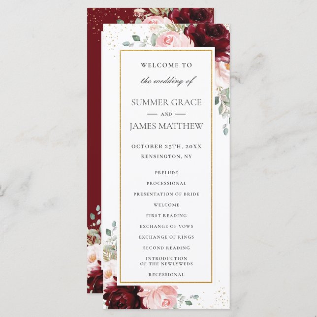 Rich Burgundy Red Blush Pink Roses Floral Wedding  Programme (Front/Back)