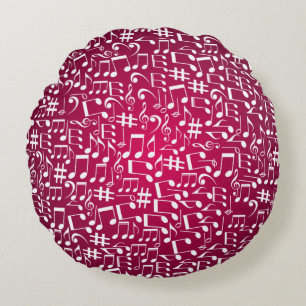 Rich Burgundy Wine w White Music Notes Round Cushion