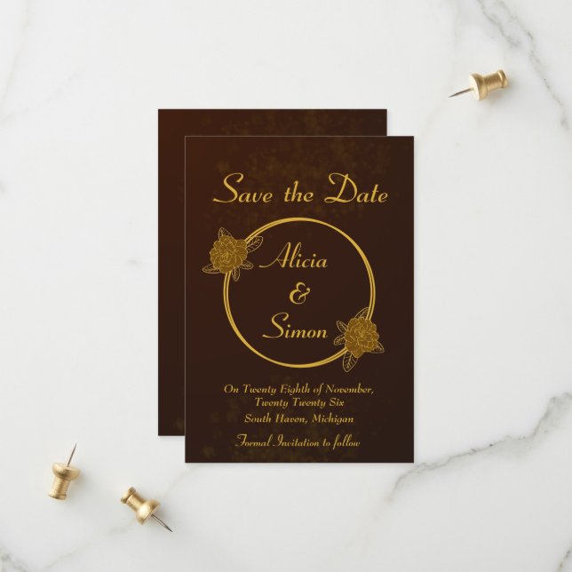 Rich Chocolate Brown minimal floral Wedding Save The Date (Front/Back In Situ)