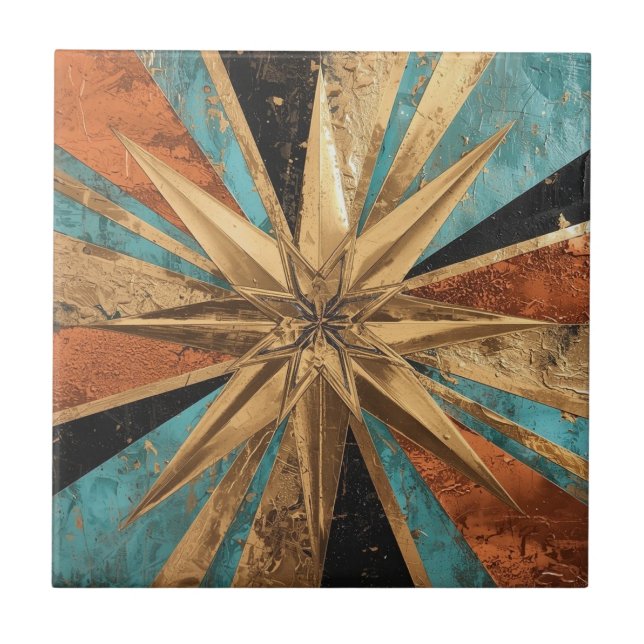 Rich Copper Metallic gold geometric starburst Tile (Front)
