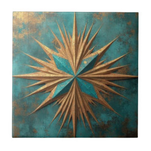 Rich Copper Metallic gold geometric starburst Tile