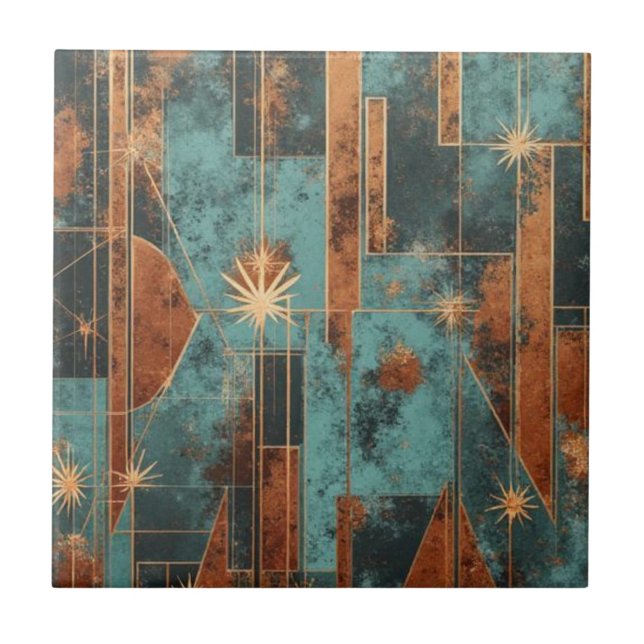 Rich Copper Metallic gold geometric starburst Tile (Front)