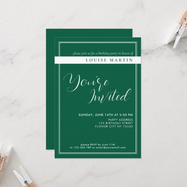 Rich Deep Green Custom Birthday Invitation (Front/Back In Situ)