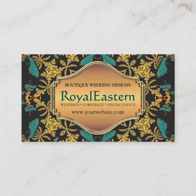Rich Elegant Royal Eastern Teal Black Gold Baroque Business Card (Front)