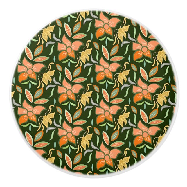 Rich Floral Pattern: Peach Flowers and Green Leave Ceramic Knob (Front)