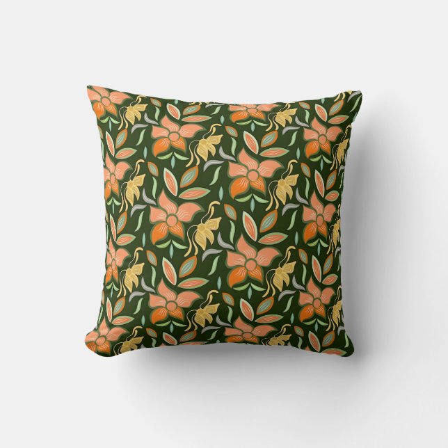 Rich Floral Pattern: Peach Flowers and Green Leave Cushion (Front)