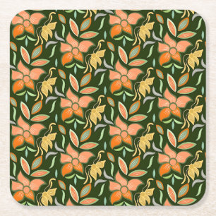 Rich Floral Pattern: Peach Flowers and Green Leave Square Paper Coaster