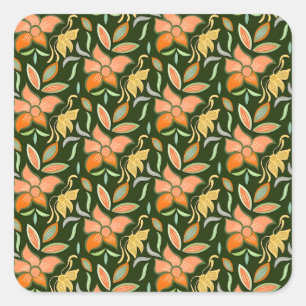 Rich Floral Pattern: Peach Flowers and Green Leave Square Sticker