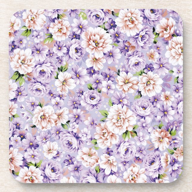Rich floral pattern with purple and pink flowers coaster (Front)