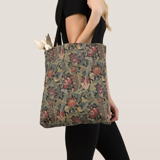 Rich Floral Tapestry Brocade Antique Classic Tote Bag (Close Up)