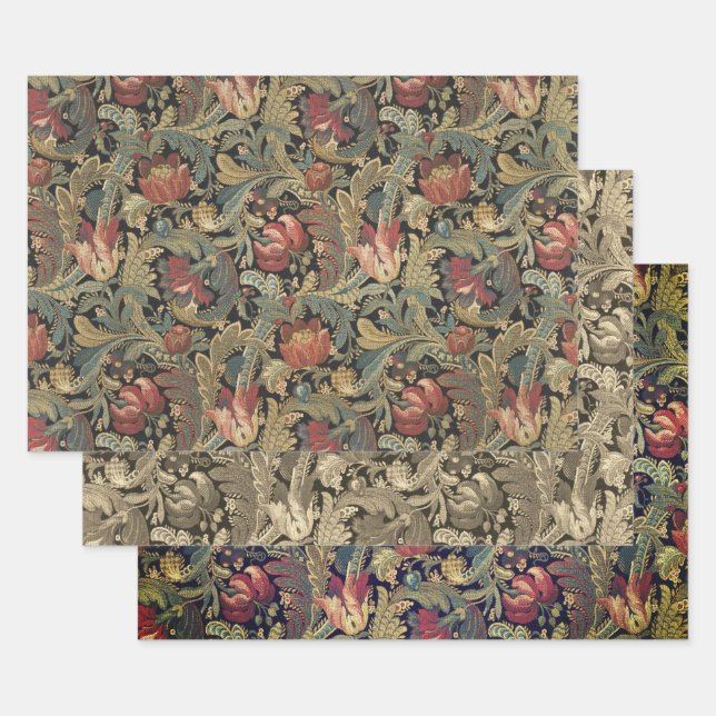 Rich Floral Tapestry Brocade Antique Classic Wrapping Paper Sheet (Set)