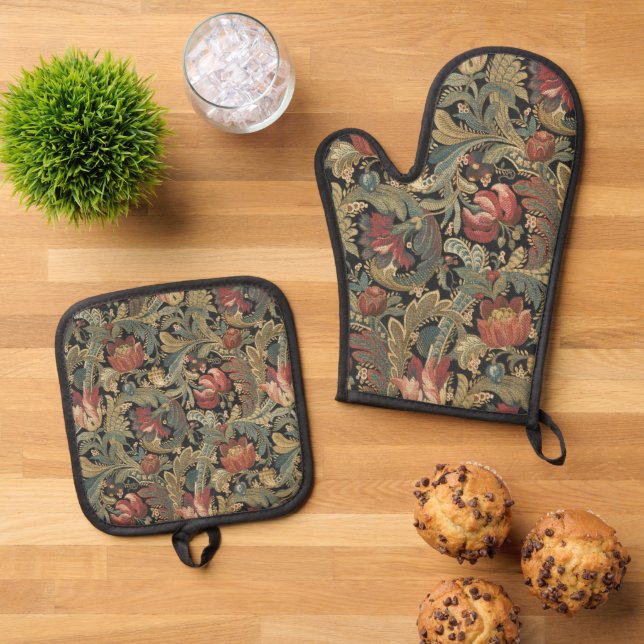 Rich Floral Tapestry Brocade Antique Victorian Oven Mitt & Pot Holder Set (Top Down)