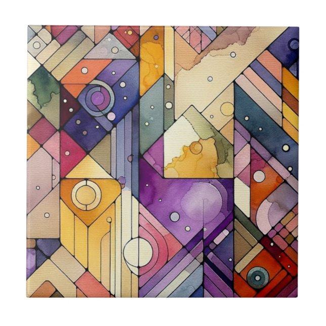 Rich Geometric Mosaic Stained Glass Watercolor Tile (Front)