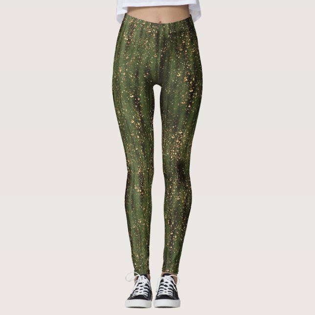 Rich Green and Gold Abstract Sparkle Pattern Leggings (Front)