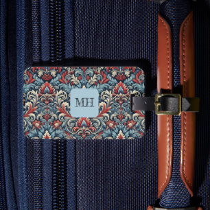 Rich hues of red and blue damask pattern  luggage tag