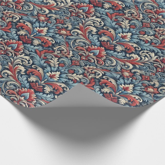 Rich hues of red and blue damask pattern  wrapping paper (Corner)