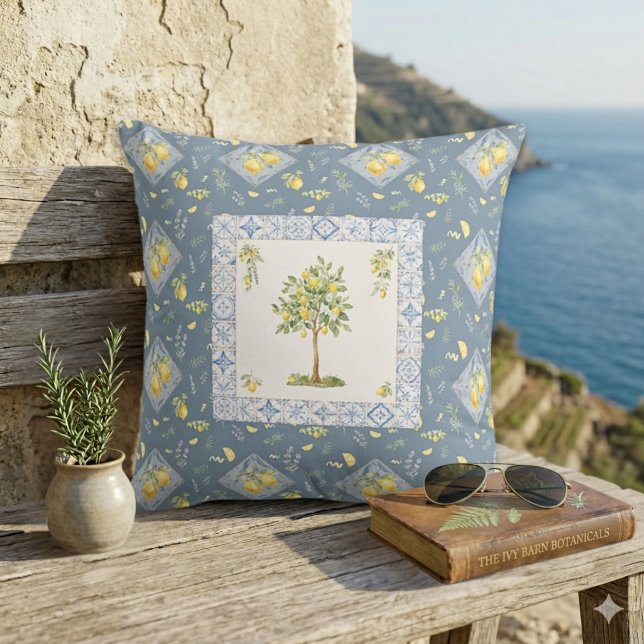 Rich Italian Riviera Blue Lemon Tree Tile Pattern Cushion (Creator Uploaded)