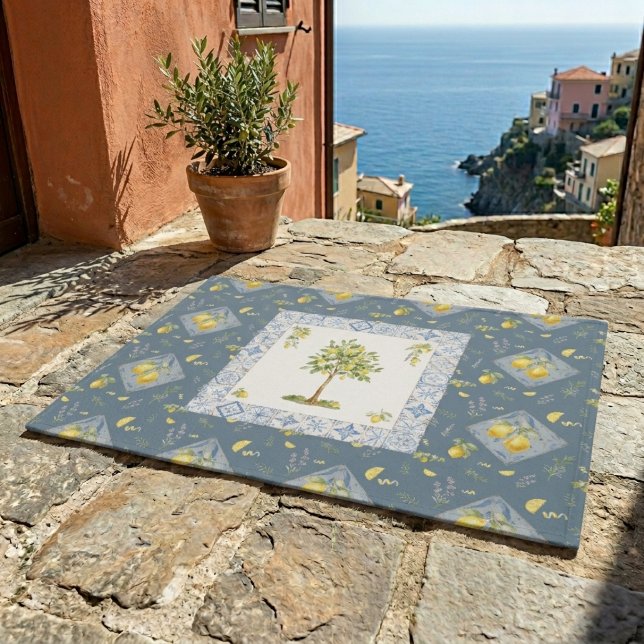 Rich Italian Riviera Blue Lemon Tree Tile Pattern  Doormat (Creator Uploaded)