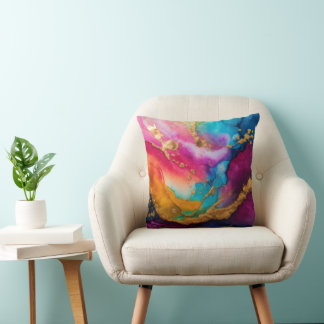 Rich Jewel Tone Marble Colorful Gold Vein Abstract Cushion