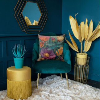Rich Jewel Toned Florals and a Winged Dragonfly  Cushion