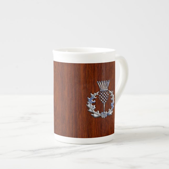 Rich Mahogany Wood Scottish Thistle Print Bone China Mug (Front Right)