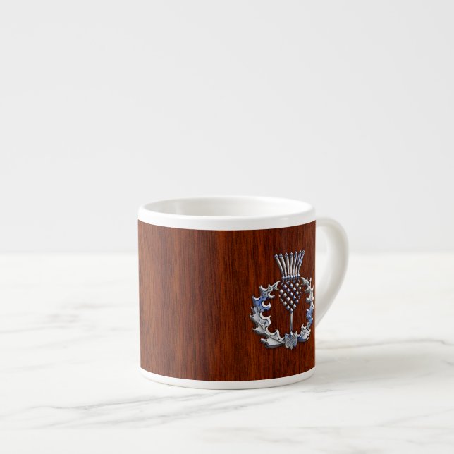 Rich Mahogany Wood Scottish Thistle Print Espresso Cup (Front Right)