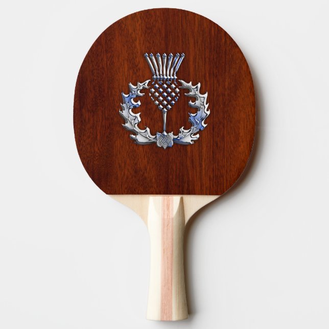 Rich Mahogany Wood Scottish Thistle Print Ping Pong Paddle (Back)