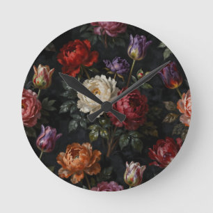 Rich Moody Peony Tulip Floral Arrangement Round Clock